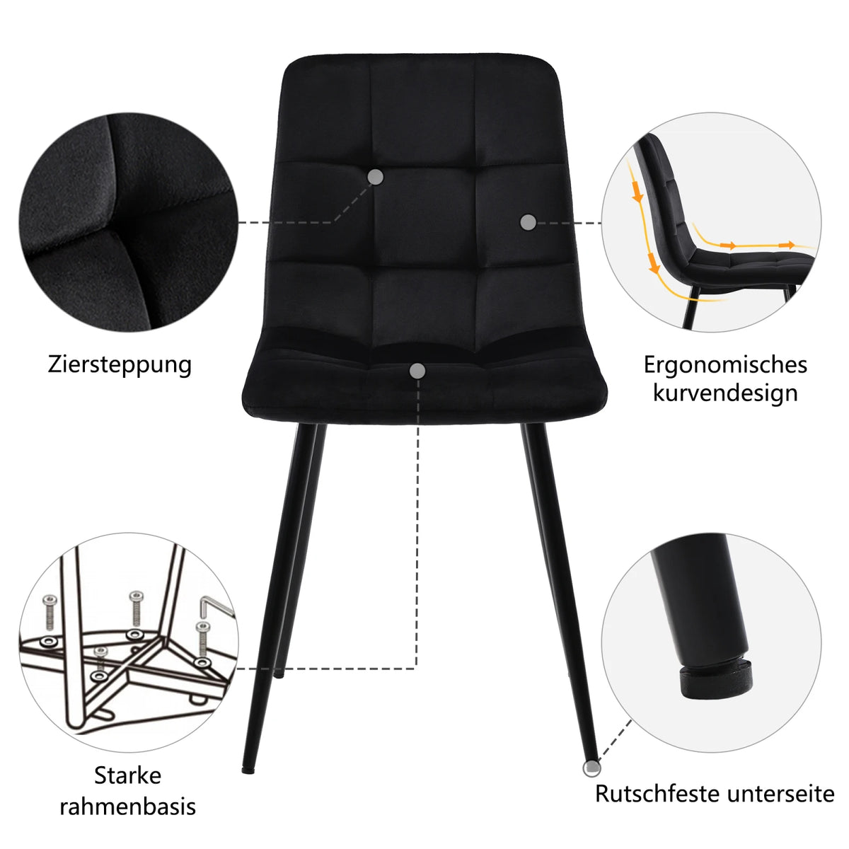 Moderne Esszimmerstühle 4er Set Samt – Ergonomische Küchenstühle Polsterstuhl Metall