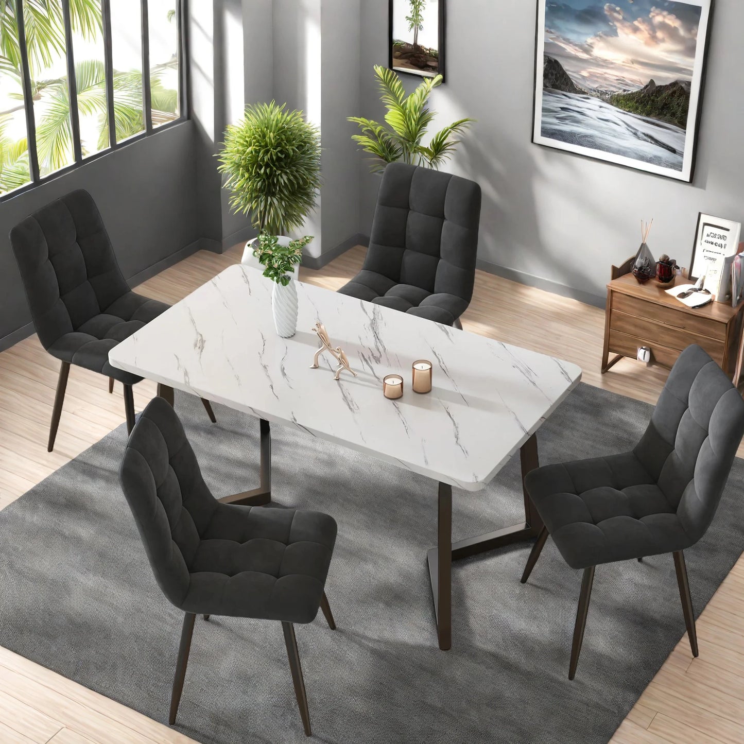 Moderne Samt Esszimmerstühle 4er Set Grau – Ergonomische Küchenstühle Polsterstuhl Metall