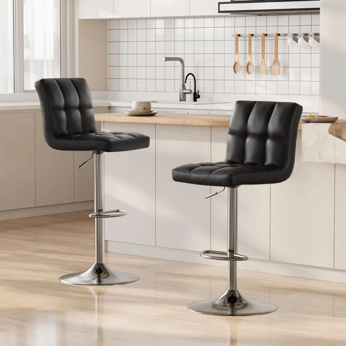 Barhocker 2er Set Höhensverstellbar Kunstleder Schwarz – Drehbarer Tresenstuhl Chrom
