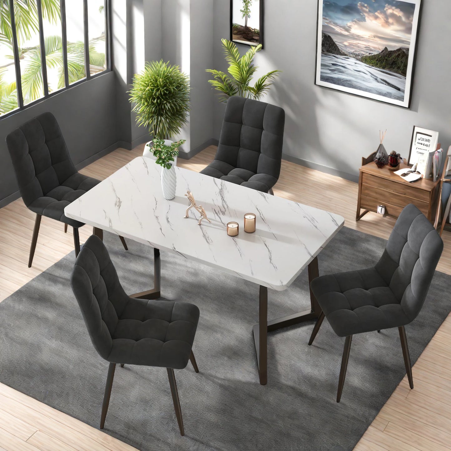 Moderne Samt Esszimmerstühle 4er Set Grau – Ergonomische Küchenstühle Polsterstuhl Metall