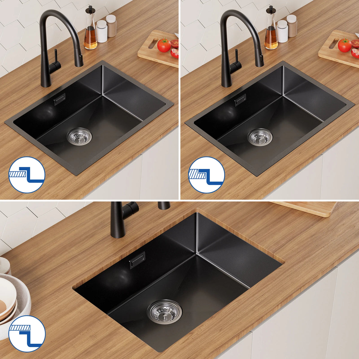 Schwarzes Edelstahl Spülbecken 60x44cm mit Abtropfkorb – Nano Einbauspüle Einzelbecken