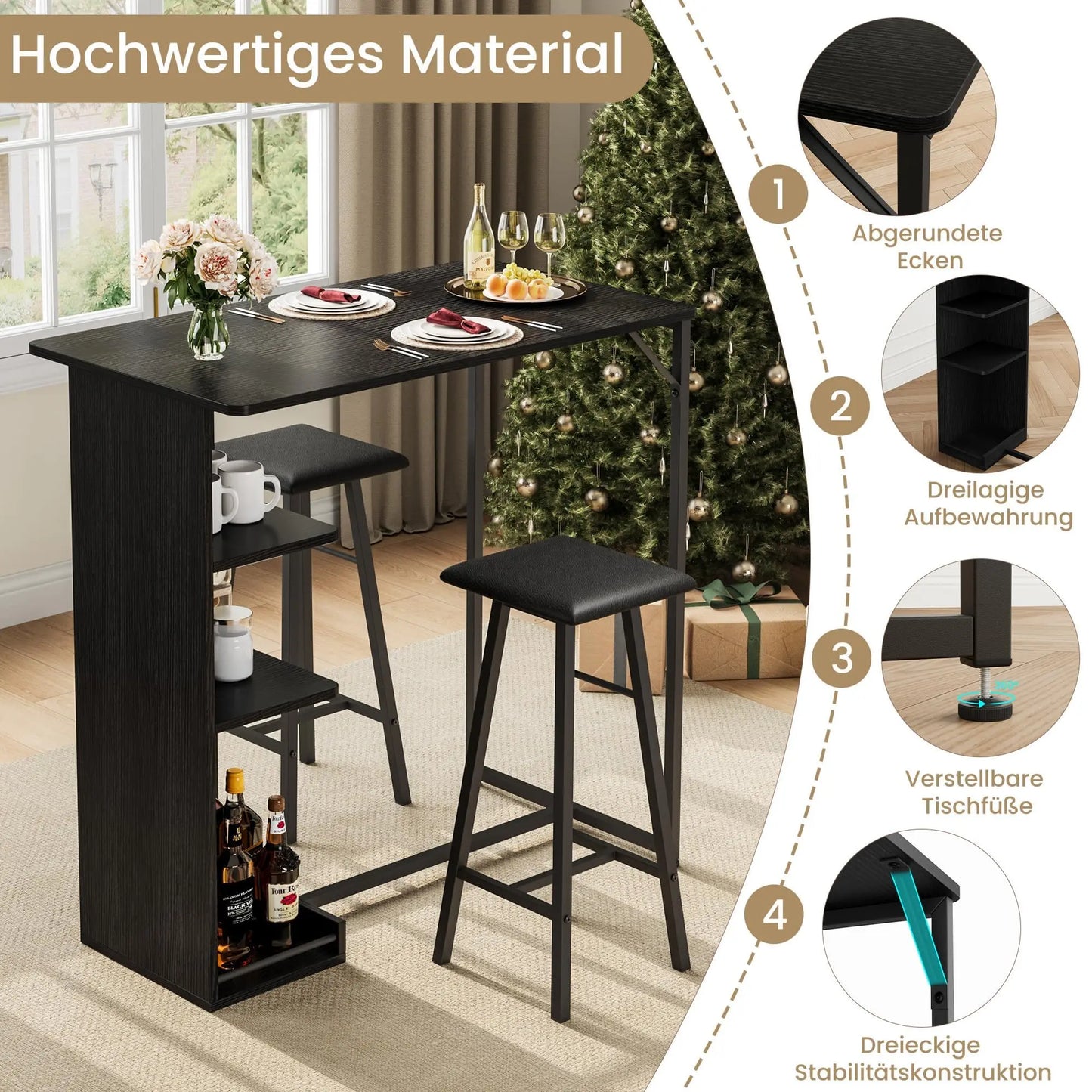 Bartisch Set 3-teilig mit Regal Vintage Braun – Kompakter Stehtisch mit 2 Barhockern