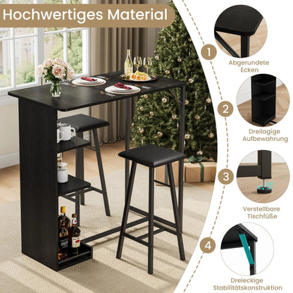 Bartisch Set 3-teilig mit Regal Vintage Braun – Kompakter Stehtisch mit 2 Barhockern