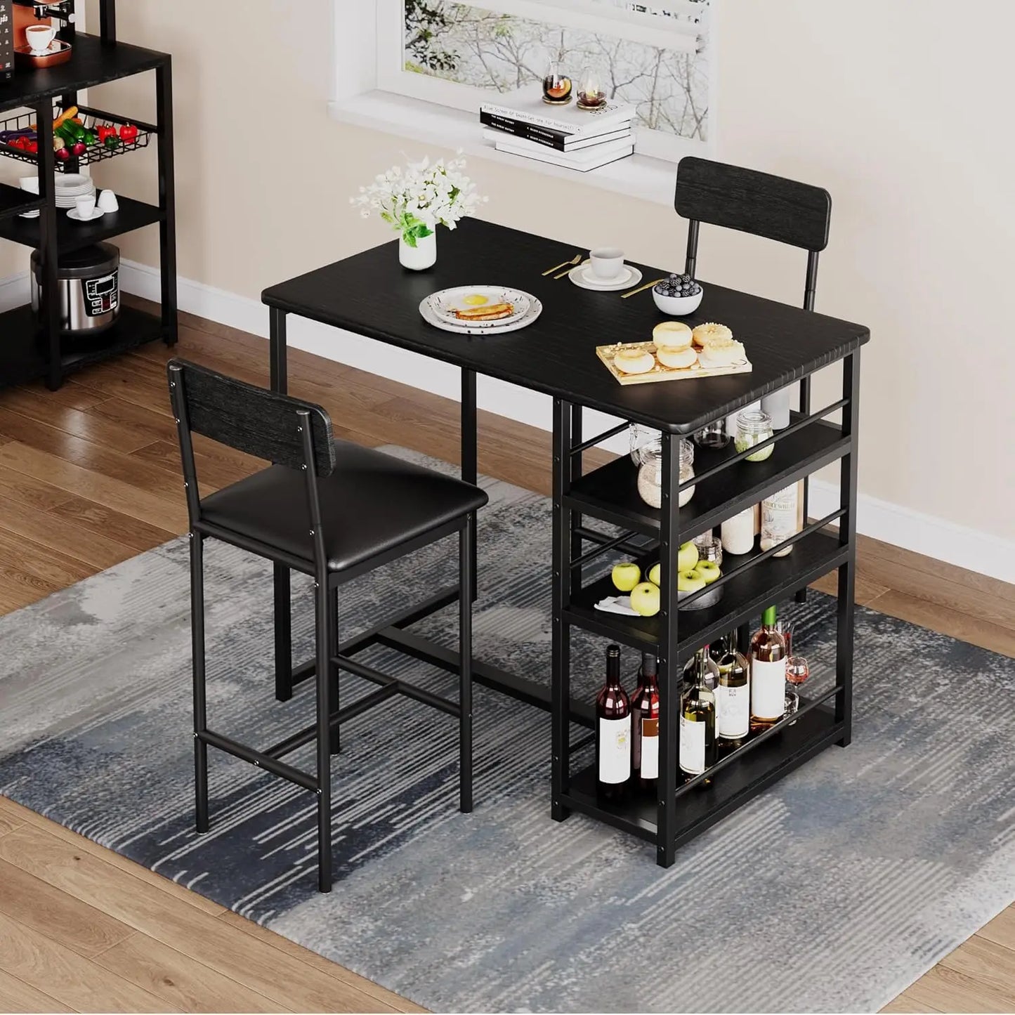 Bartisch Set 3-teilig mit Stauraum Schwarz – Esstisch mit 2 Polster-Barhockern & Verstau-Regal
