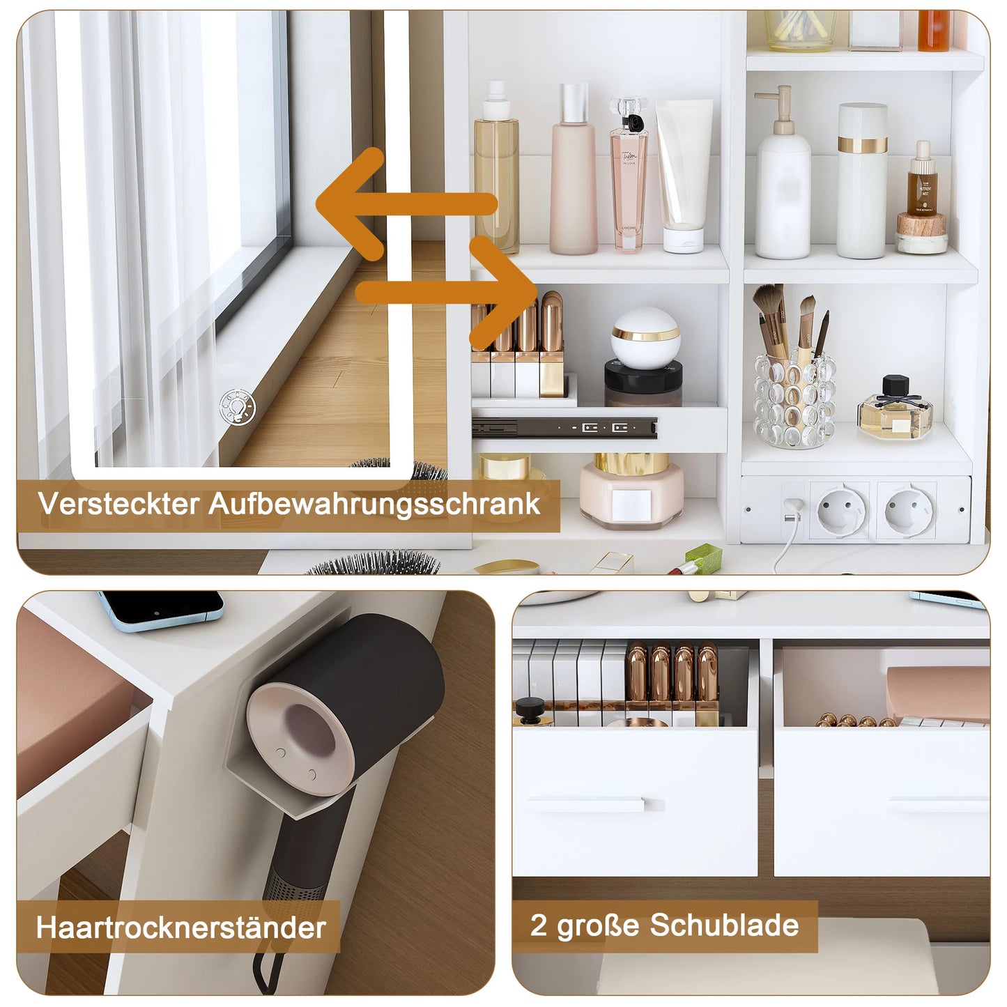Schminktisch mit Beleuchtung & Hocker – Moderner Frisiertisch mit LED-Spiegel, Steckdosen & 2 Schubladen