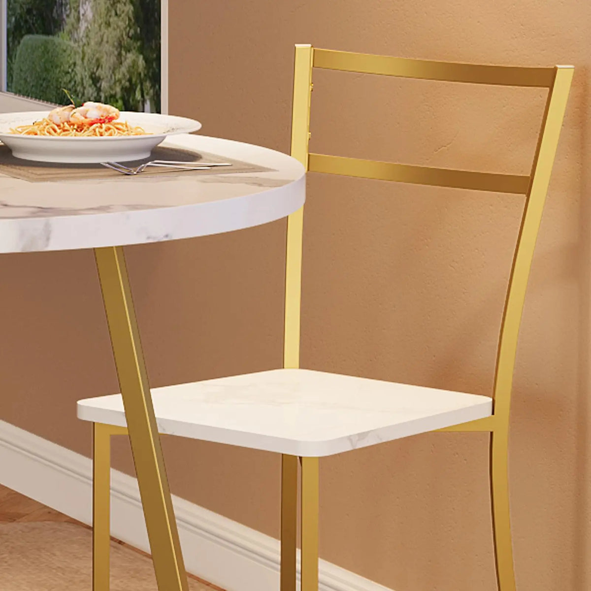 Essgruppe 3-teilig mit Rundem Tisch & 2 Stuehlen – Kompakte Esszimmer Sitzgruppe aus Metall & MDF