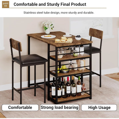 Bartisch Set 3-teilig mit 2 Stühlen & Regalfächern – Industrieller Stehtisch aus Metall & MDF