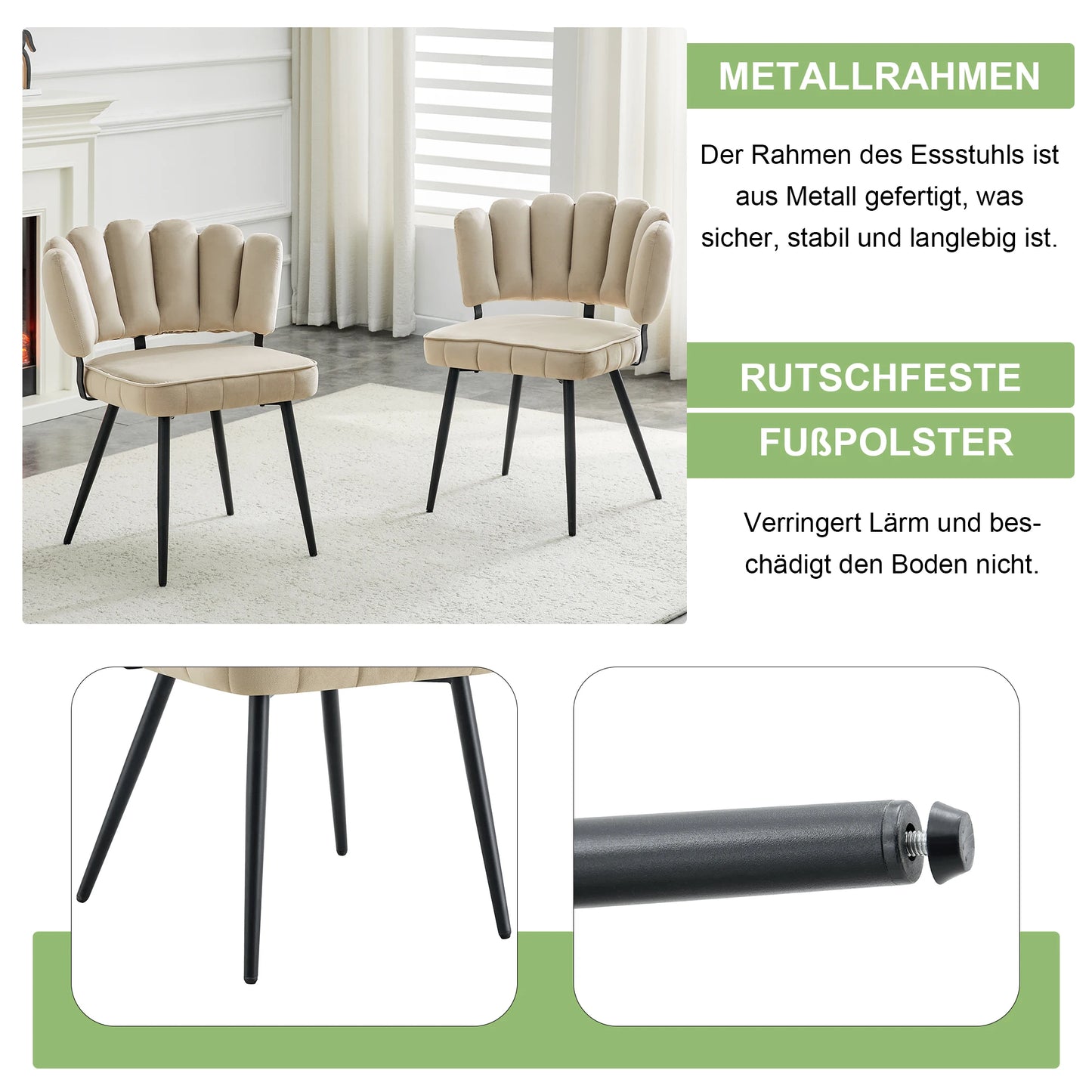 Esszimmerstuhl 2er Set Beige – Modernes Polsterstuhl Set aus Samt in Blutenform mit Metallbeinen bis 120kg