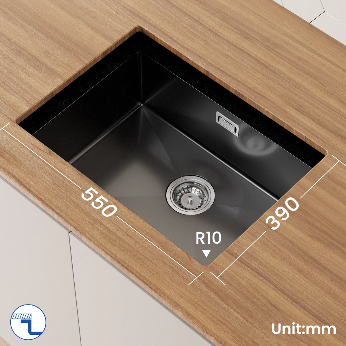 Schwarzes Edelstahl Spülbecken 60x44cm mit Abtropfkorb – Nano Einbauspüle Einzelbecken