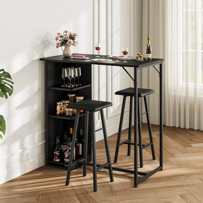 Bartisch Set 3-teilig Marmor Optik Weiß – Kompakter Stehtisch mit 2 Polster Barhockern & Regal