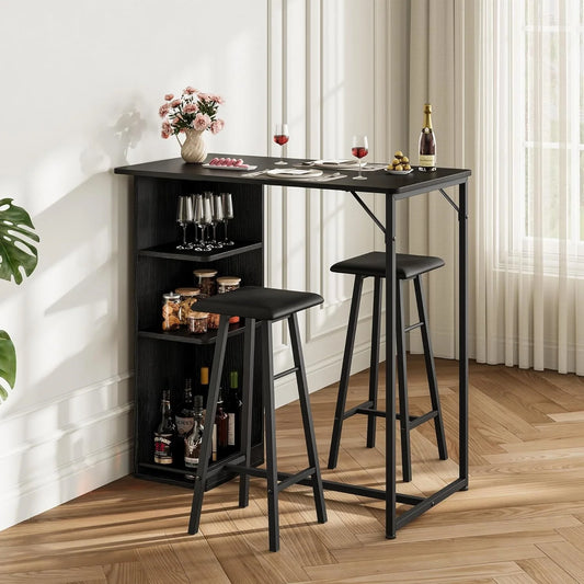 Bartisch Set 3-teilig Marmor Optik Weiß – Kompakter Stehtisch mit 2 Polster Barhockern & Regal