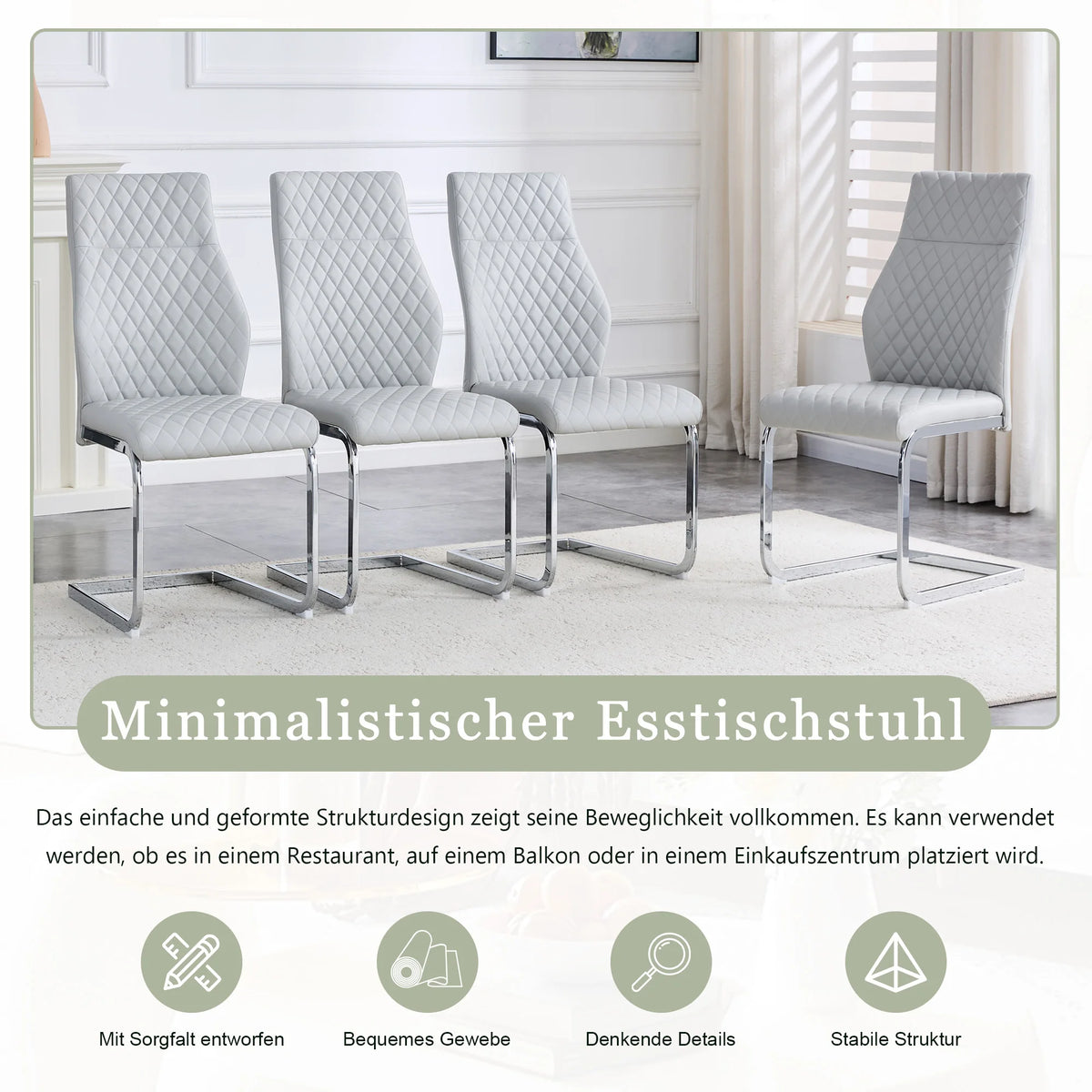 Esszimmerstuhl 2er Set Grau – Modernes Polsterstuhl Set aus Kunstleder mit Rautensteppung & Silbergestell
