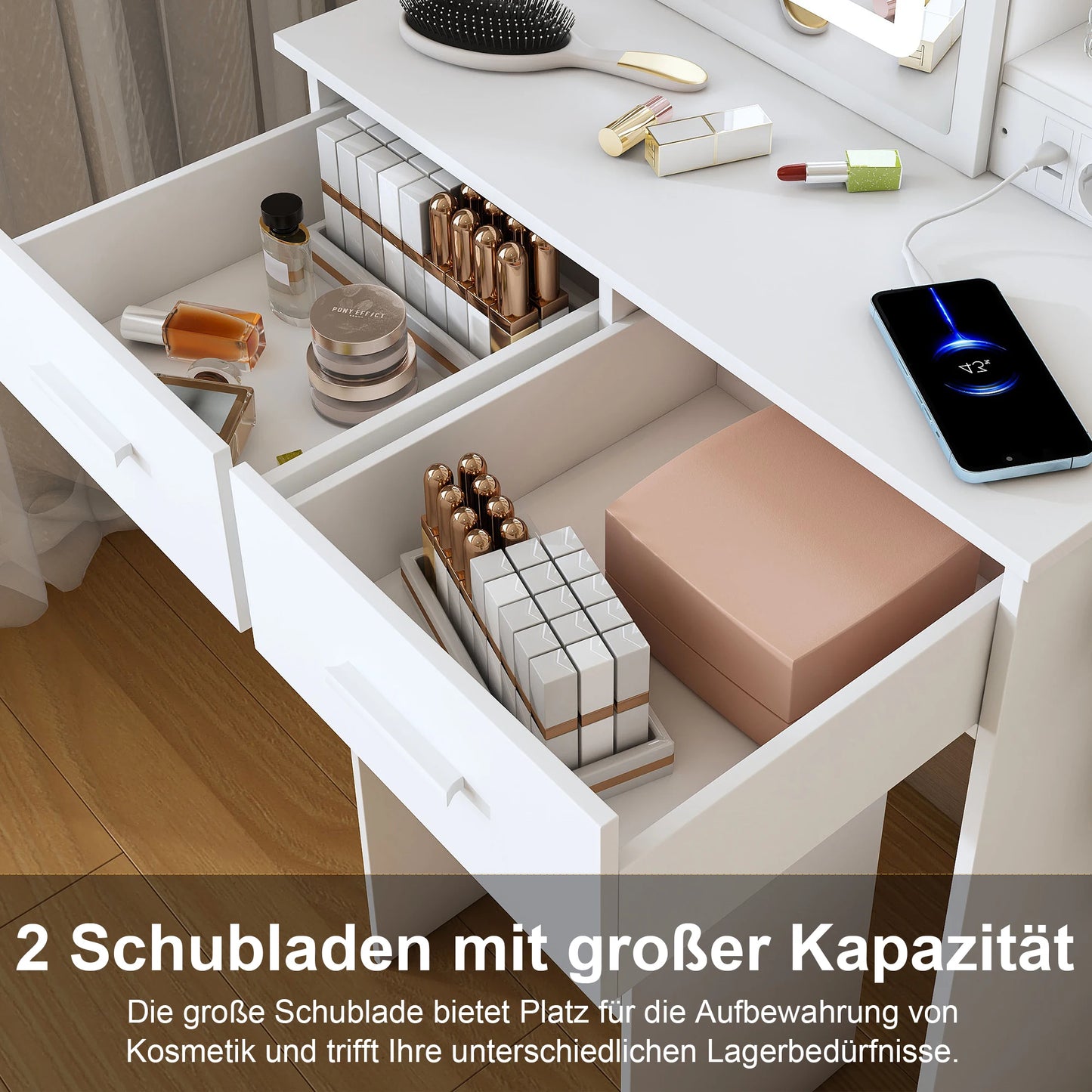 Schminktisch mit Beleuchtung & Hocker – Moderner Frisiertisch mit LED-Spiegel, Steckdosen & 2 Schubladen