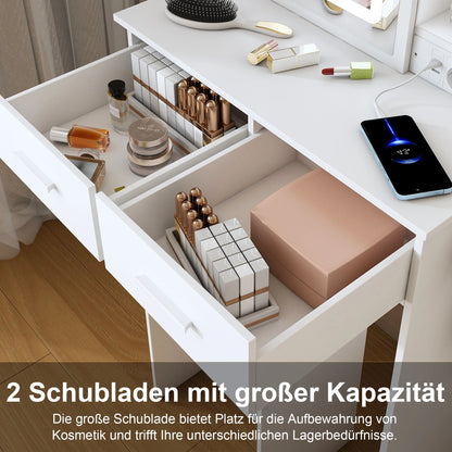 Schminktisch mit Beleuchtung & Hocker – Moderner Frisiertisch mit LED-Spiegel, Steckdosen & 2 Schubladen