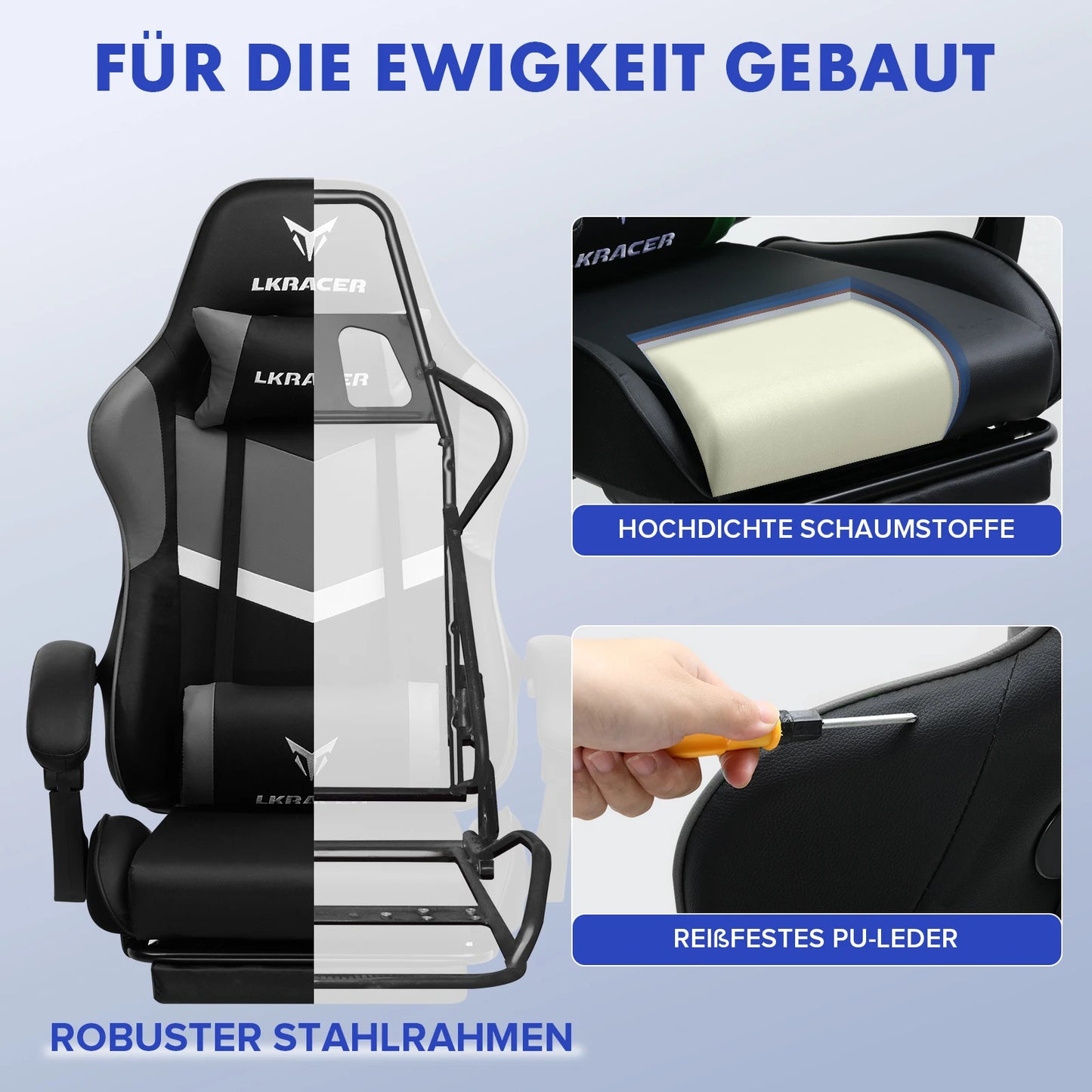 Gaming Stuhl Schwarz-Blau – Ergonomischer Gamer Stuhl mit Fussstütze, Lendenkissen & Metallgestell bis 150kg