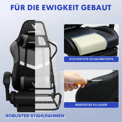 Gaming Stuhl Schwarz-Blau – Ergonomischer Gamer Stuhl mit Fussstütze, Lendenkissen & Metallgestell bis 150kg