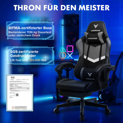 Gaming Stuhl Schwarz-Blau – Ergonomischer Gamer Stuhl mit Fussstütze, Lendenkissen & Metallgestell bis 150kg