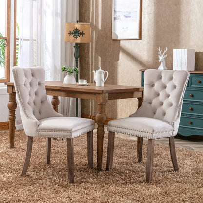 Esszimmerstuhl 2er Set Beige – Modernes Samt Polsterstuhl Set mit Nietenverzierung, Knopfung & Holzbeinen