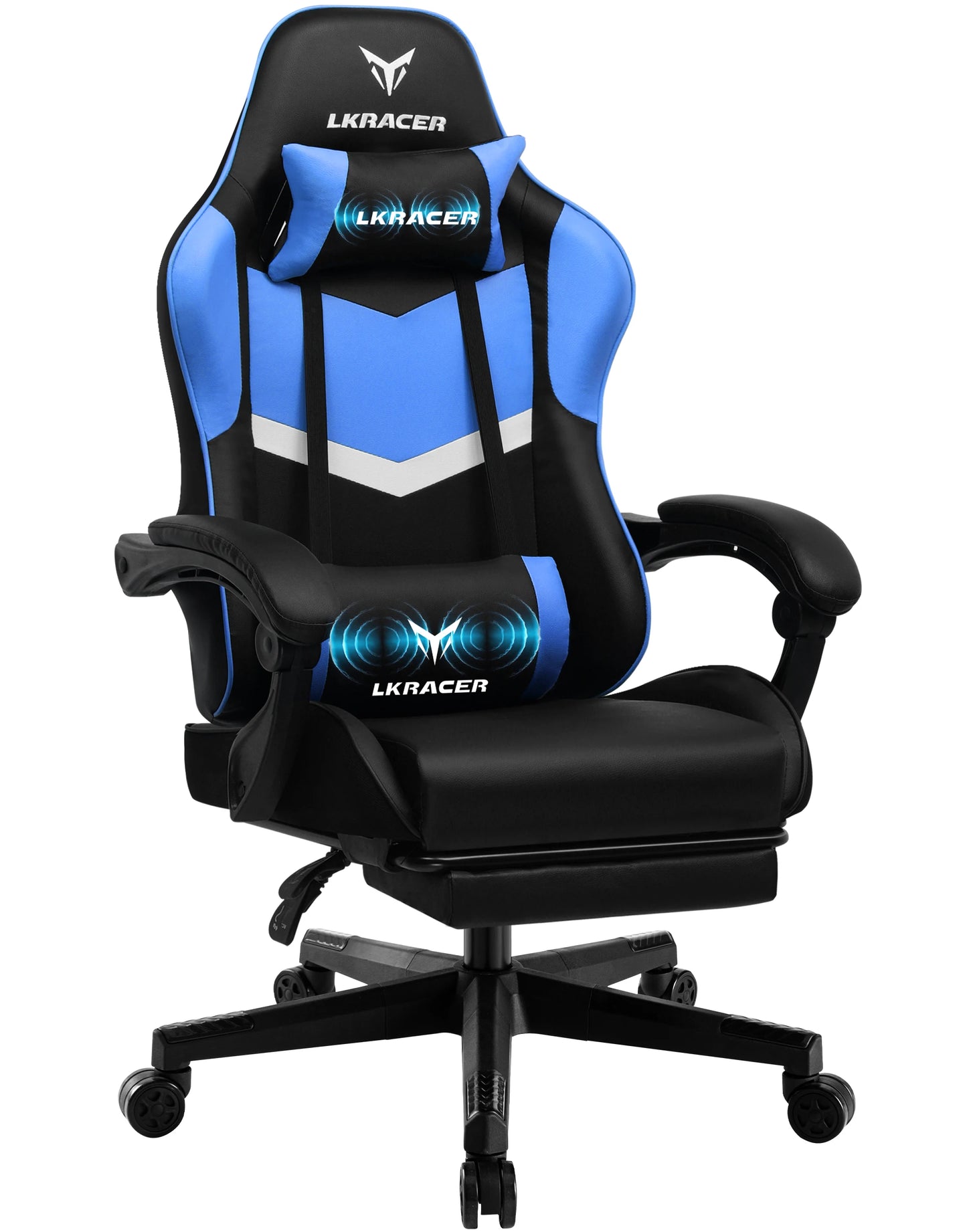 Gaming Stuhl Schwarz-Blau – Ergonomischer Gamer Stuhl mit Fussstütze, Lendenkissen & Metallgestell bis 150kg