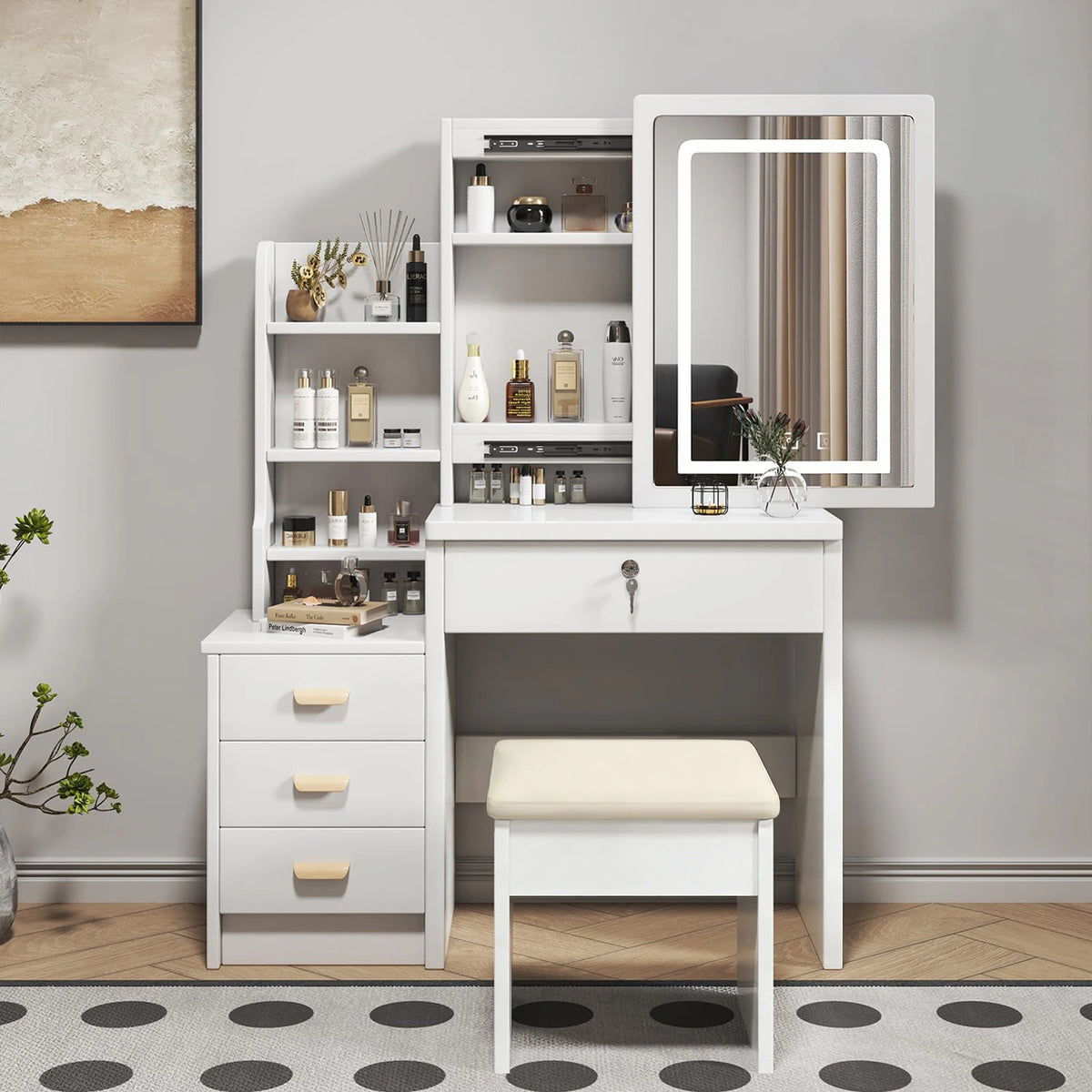 Schminktisch mit Spiegel und Hocker – Moderner Frisiertisch aus Holz mit Stauraum für das Schlafzimmer