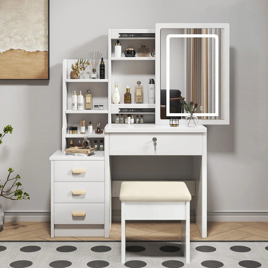 Schminktisch mit Spiegel und Hocker – Moderner Frisiertisch aus Holz mit Stauraum für das Schlafzimmer
