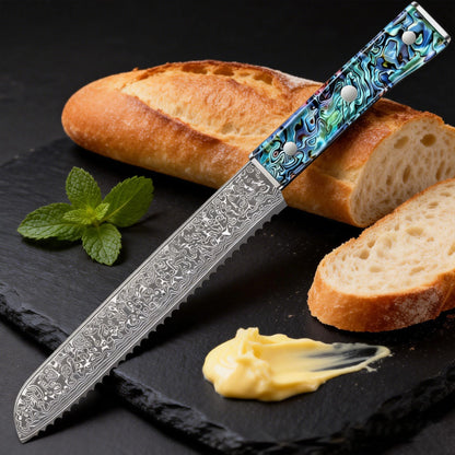 Damast Brotmesser mit VG10 Kern und Wellenschliff
