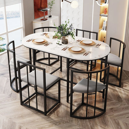 Esstisch Set Weiss 7-teilig – Moderner Esstisch aus MDF mit 6 Samt Stühlen Grau & Metallgestell