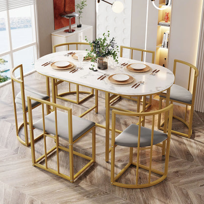 Esstisch Set Weiss 7-teilig – Moderner Esstisch aus MDF mit 6 Samt Stühlen Grau & Metallgestell