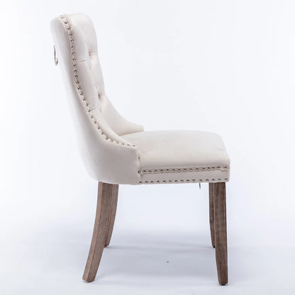Esszimmerstuhl 2er Set Beige – Modernes Samt Polsterstuhl Set mit Nietenverzierung, Knopfung & Holzbeinen
