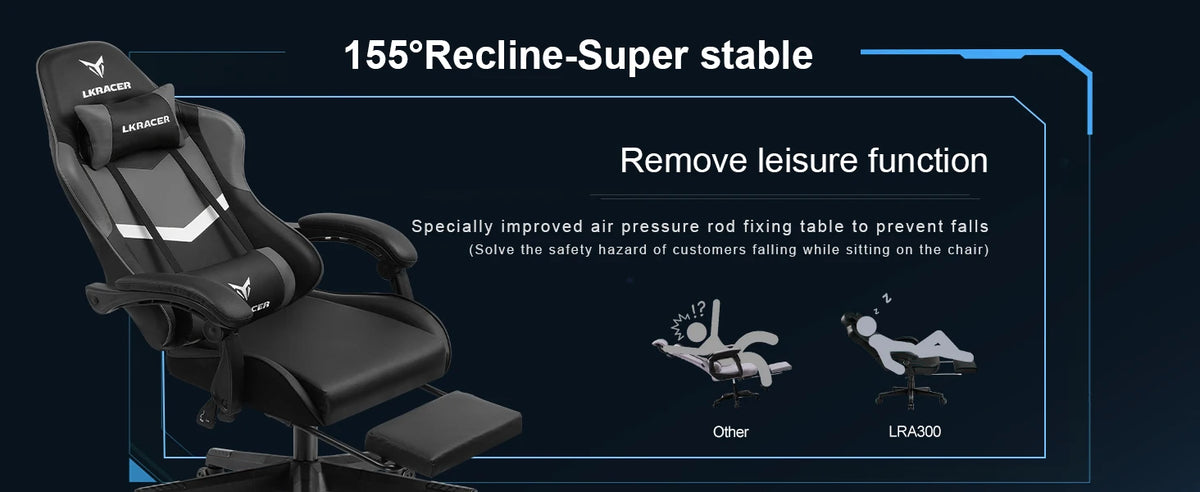 Gaming Stuhl Schwarz-Blau – Ergonomischer Gamer Stuhl mit Fussstütze, Lendenkissen & Metallgestell bis 150kg