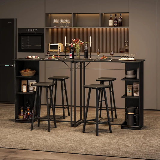 Bartisch Set 3-teilig mit Regal Vintage Braun – Kompakter Stehtisch mit 2 Barhockern