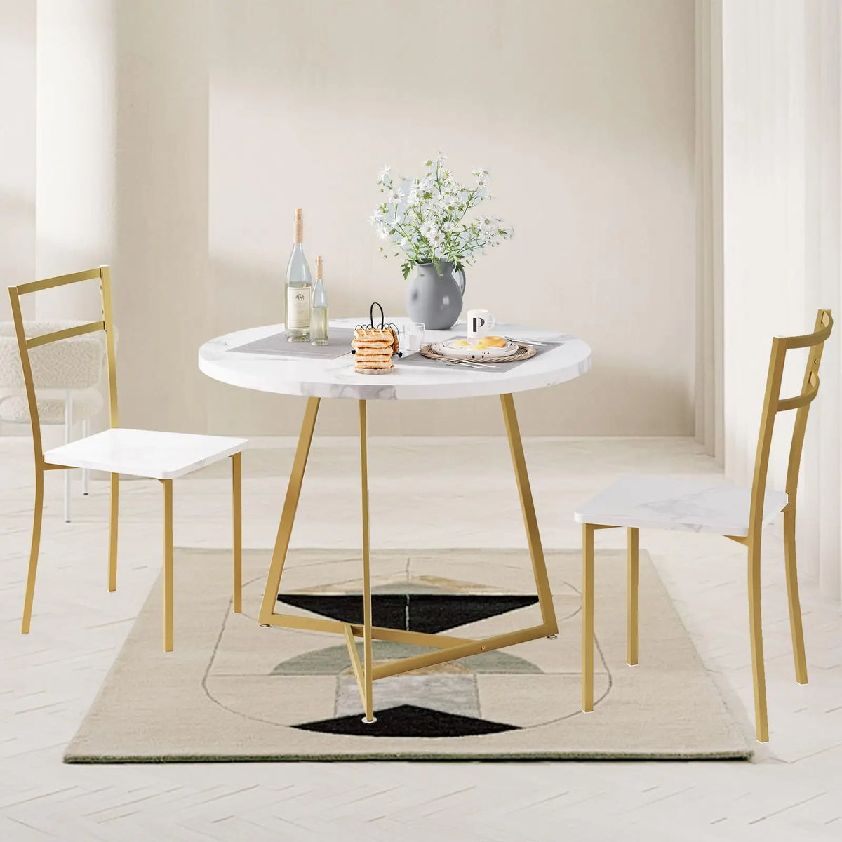 Essgruppe 3-teilig mit Rundem Tisch & 2 Stuehlen – Kompakte Esszimmer Sitzgruppe aus Metall & MDF