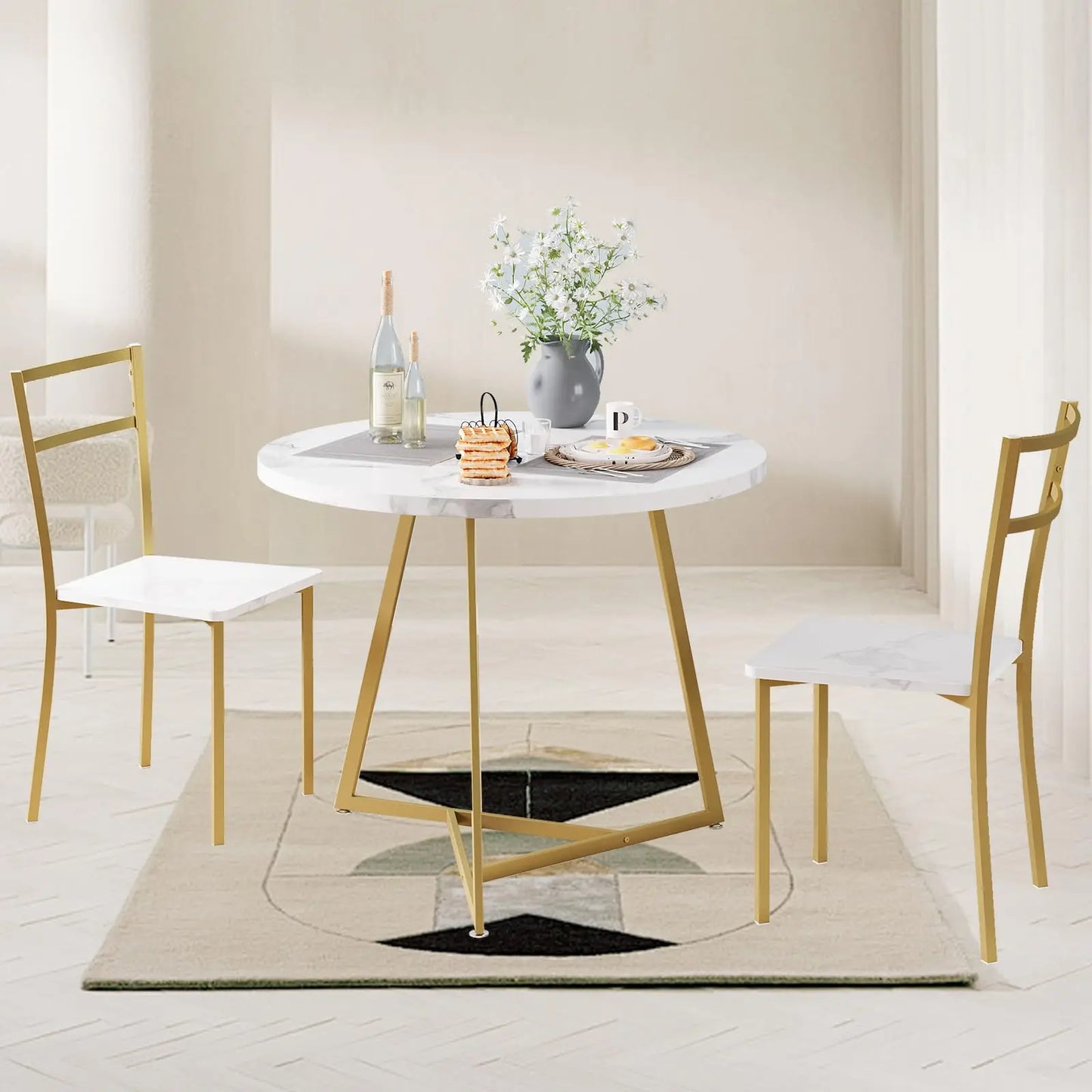 Essgruppe 3-teilig mit Rundem Tisch & 2 Stuehlen – Kompakte Esszimmer Sitzgruppe aus Metall & MDF