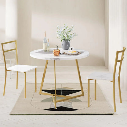 Essgruppe 3-teilig mit Rundem Tisch & 2 Stuehlen – Kompakte Esszimmer Sitzgruppe aus Metall & MDF