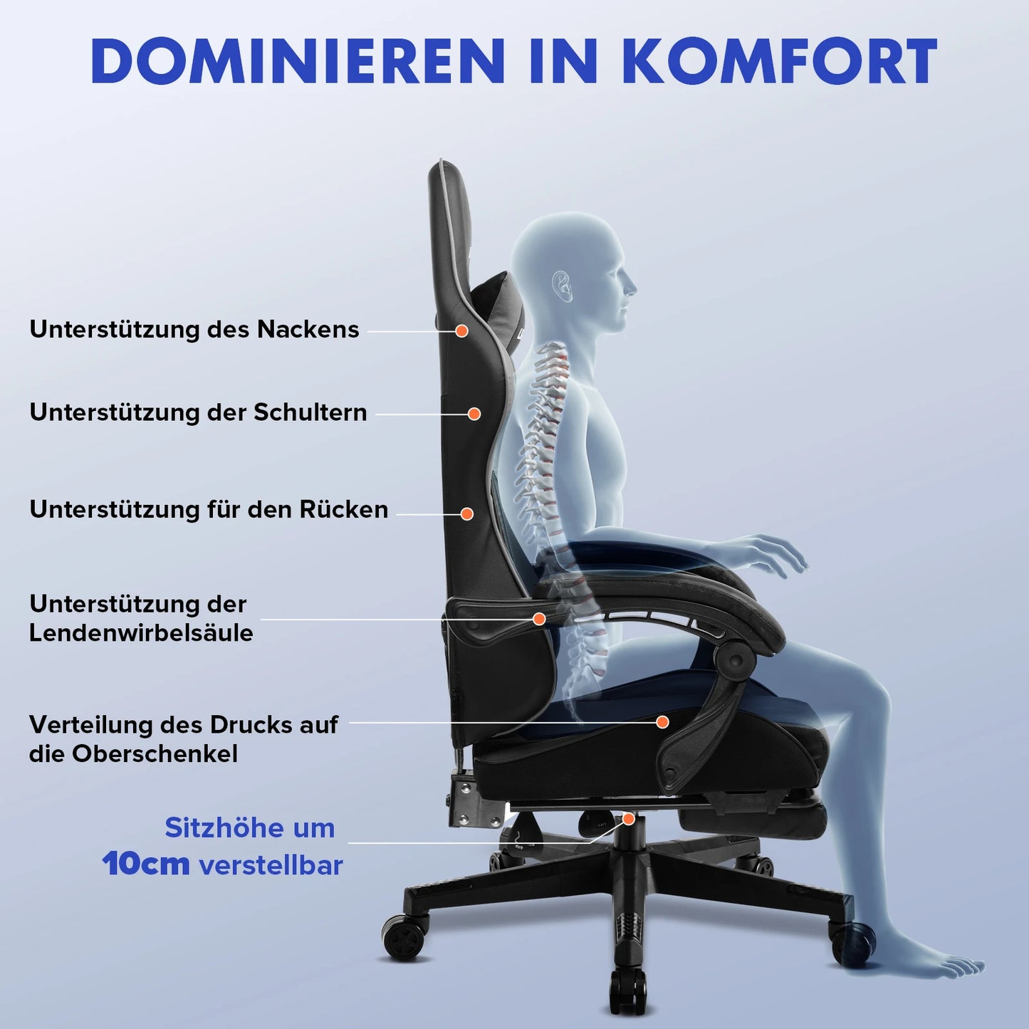 Gaming Stuhl Schwarz-Blau – Ergonomischer Gamer Stuhl mit Fussstütze, Lendenkissen & Metallgestell bis 150kg