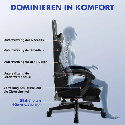 Gaming Stuhl Schwarz-Blau – Ergonomischer Gamer Stuhl mit Fussstütze, Lendenkissen & Metallgestell bis 150kg