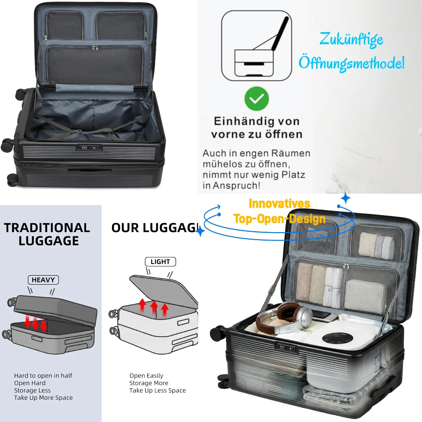 Hartschalen Koffer Top-Opening 28 Zoll PC – Grosser Koffer Dehnbar mit 360 Rollen & Frontöffnung