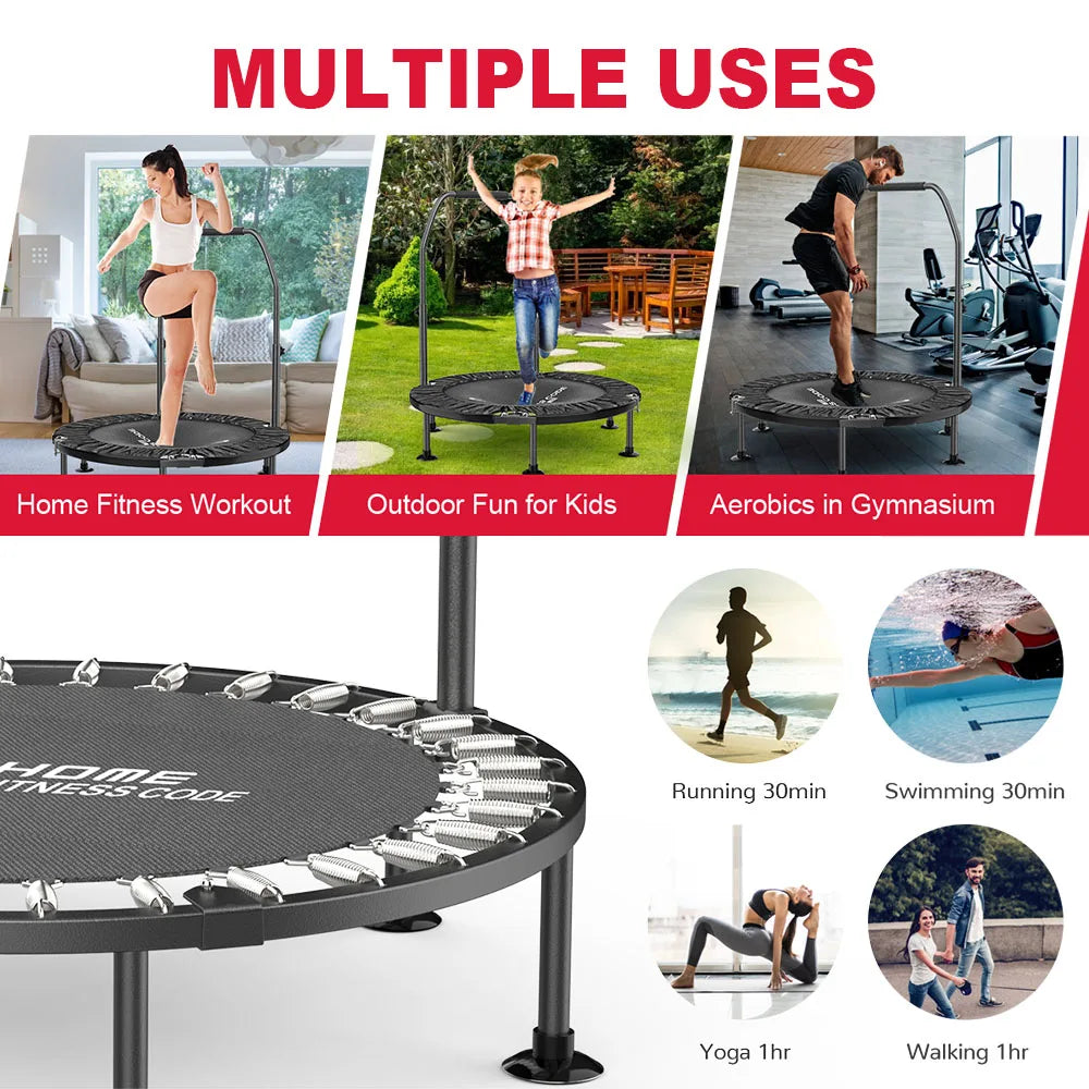 Klappbares Fitness Trampolin 102cm – Mini Rebounder mit Verstellbarem Griff bis 150kg
