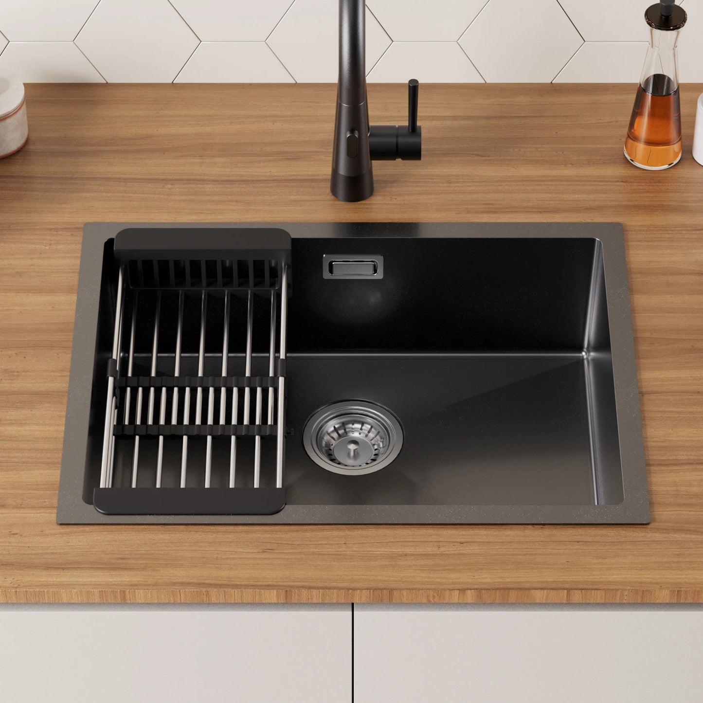 Schwarzes Edelstahl Spülbecken 60x44cm mit Abtropfkorb – Nano Einbauspüle Einzelbecken