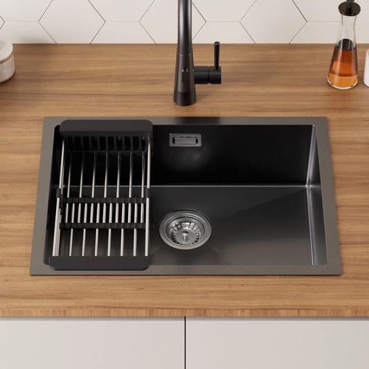 Schwarzes Edelstahl Spülbecken 60x44cm mit Abtropfkorb – Nano Einbauspüle Einzelbecken