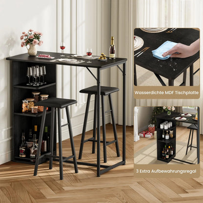 Bartisch Set 3-teilig mit Regal Vintage Braun – Kompakter Stehtisch mit 2 Barhockern