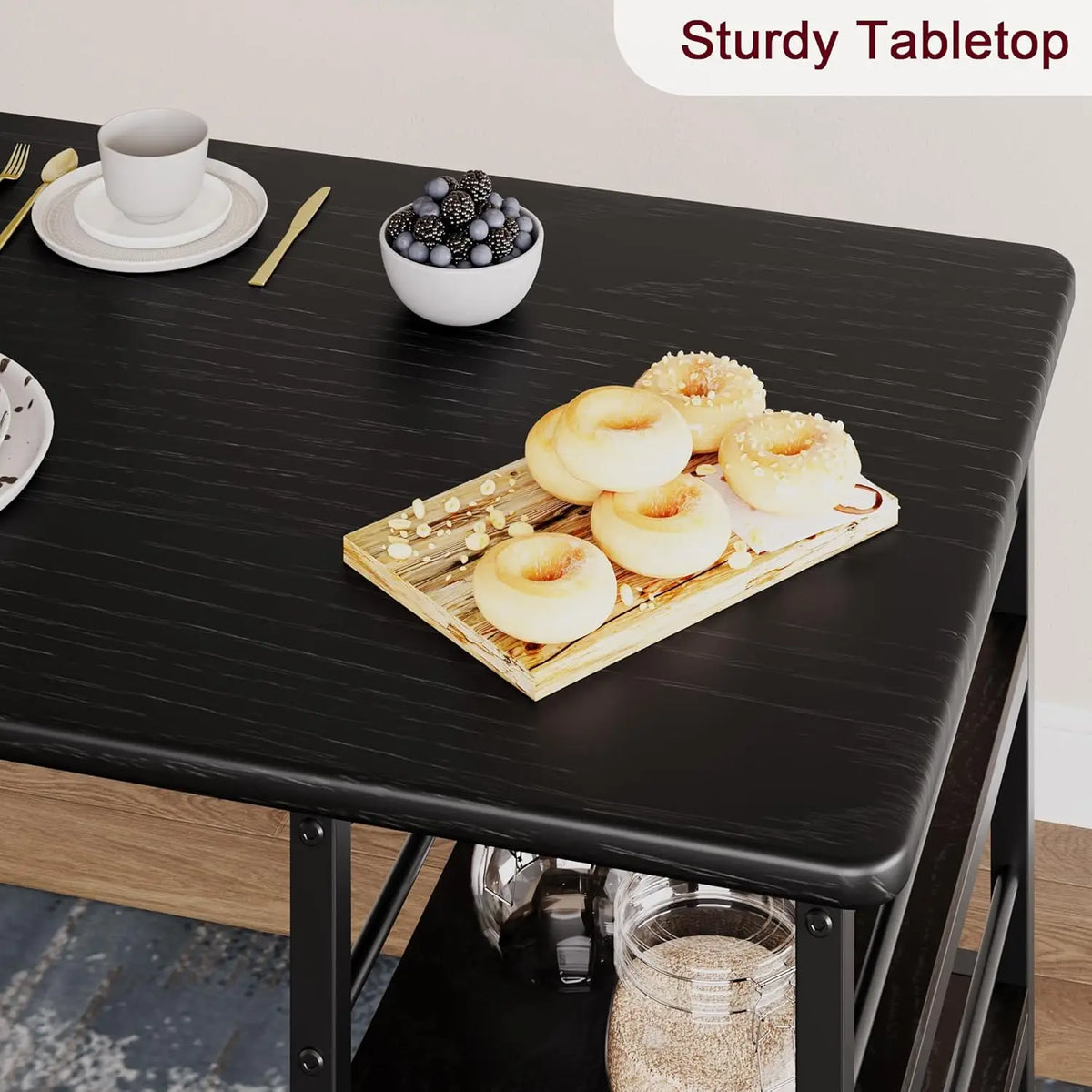 Bartisch Set 3-teilig mit Stauraum Schwarz – Esstisch mit 2 Polster-Barhockern & Verstau-Regal