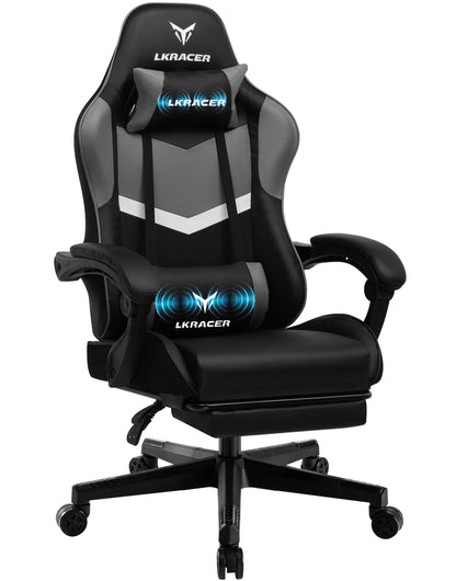 Gaming Stuhl Schwarz-Blau – Ergonomischer Gamer Stuhl mit Fussstütze, Lendenkissen & Metallgestell bis 150kg