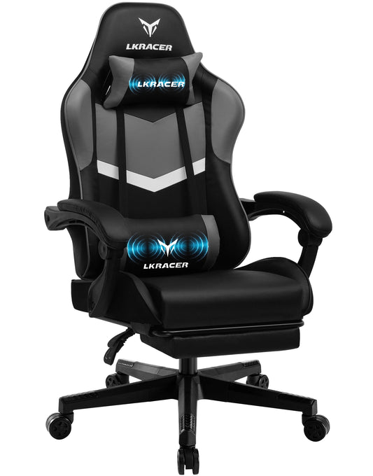 Gaming Stuhl Schwarz-Blau – Ergonomischer Gamer Stuhl mit Fussstütze, Lendenkissen & Metallgestell bis 150kg