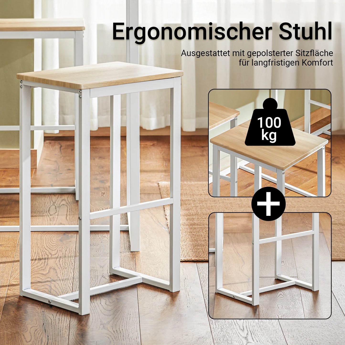 Bartisch Set 5-teilig mit 4 Hocker Weiß-Natur – Moderne Essgruppe für Küche & Balkon
