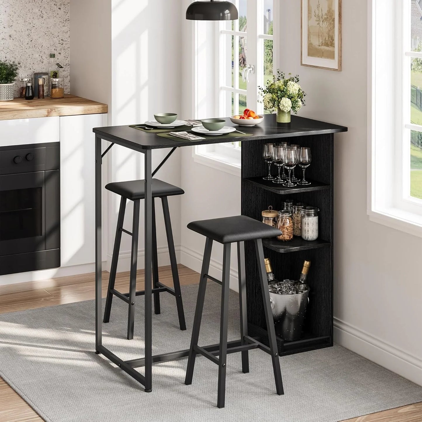 Bartisch Set 3-teilig Marmor Optik Weiß – Kompakter Stehtisch mit 2 Polster Barhockern & Regal