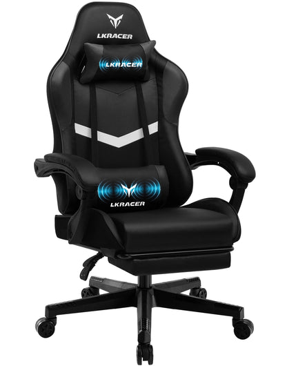 Gaming Stuhl Schwarz-Blau – Ergonomischer Gamer Stuhl mit Fussstütze, Lendenkissen & Metallgestell bis 150kg
