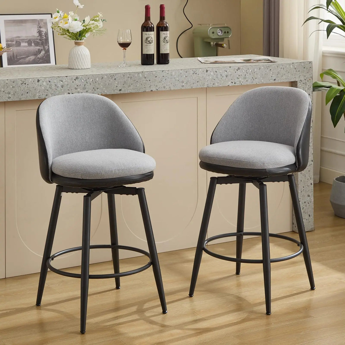 Drehbarer Barhocker 66cm Retro Kunstleder – Moderner Tresenstuhl Schwarz mit Rückenlehne
