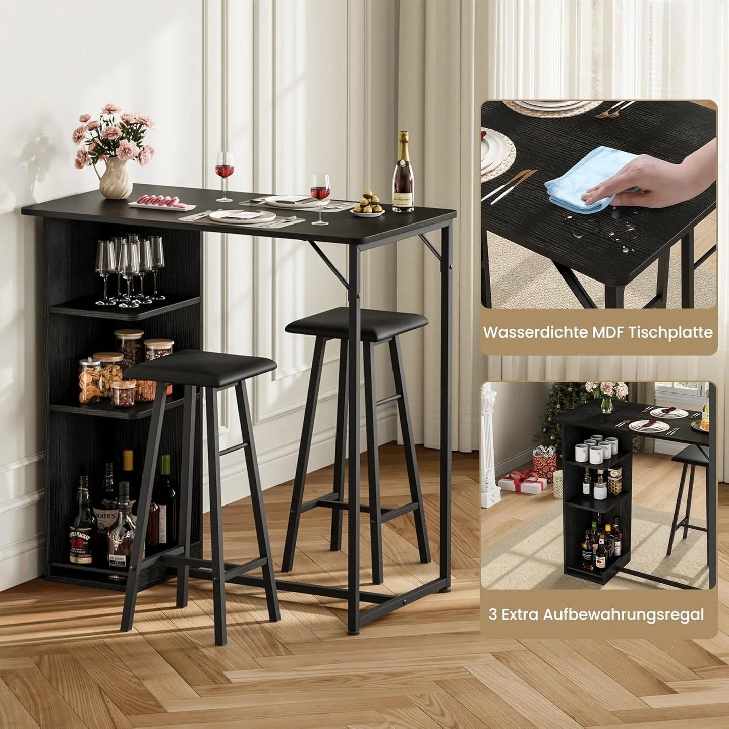 Bartisch Set 3-teilig Marmor Optik Weiß – Kompakter Stehtisch mit 2 Polster Barhockern & Regal