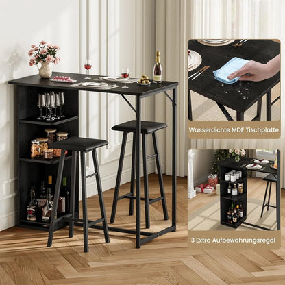 Bartisch Set 3-teilig Marmor Optik Weiß – Kompakter Stehtisch mit 2 Polster Barhockern & Regal